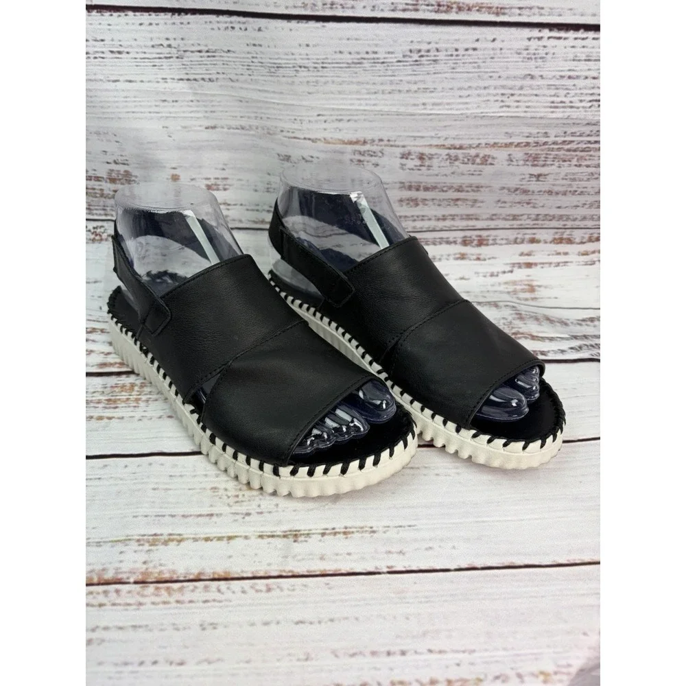 Eric Michael Sola Black Leather slingback sandal white flat sole EU 36 US 5-5.5